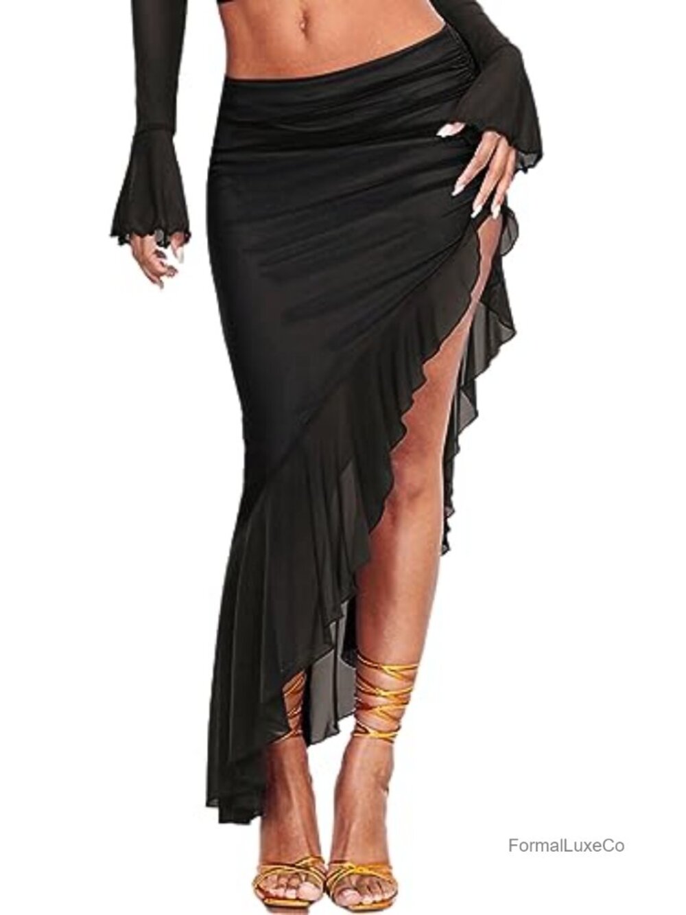 Women's High Waisted Asymmetrical Ruched Mesh Flowy Ruffle Trim Midi Skirt